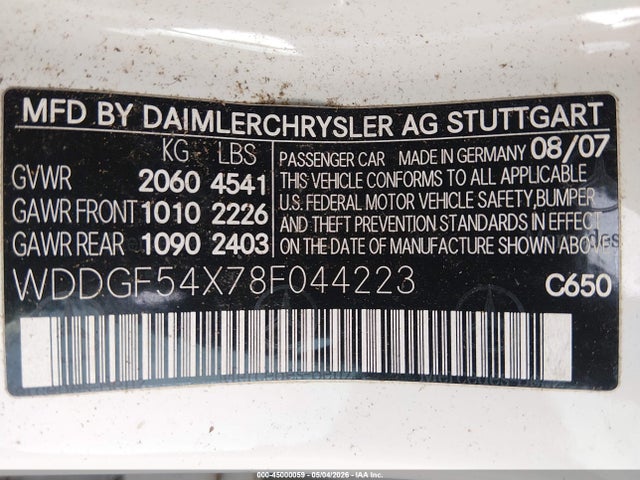 45000059 :رقم المزاد ، WDDGF54X78F044223 vin ، 2008 Mercedes-benz C 300 Luxury مزاد بيع