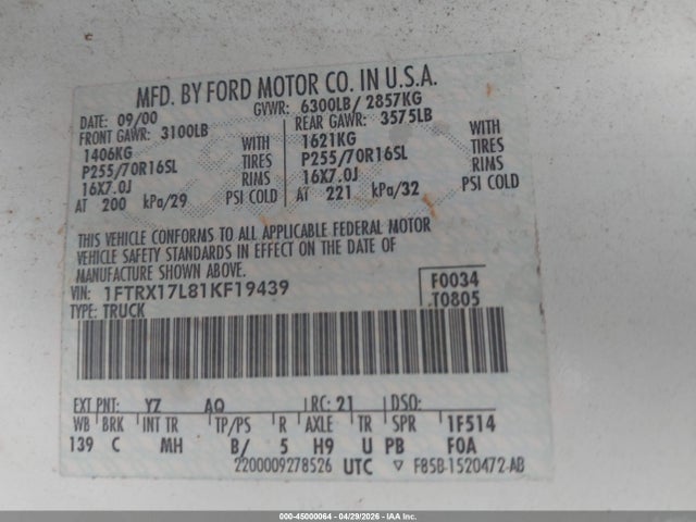 Продаж на аукціоні авто 2001 Ford F-150 Lariat/xl/xlt, vin: 1FTRX17L81KF19439, номер лоту: 45000064