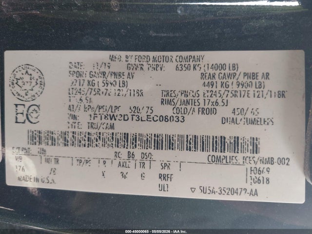 2020 Ford F-350 Platinum მანქანა იყიდება აუქციონზე, vin: 1FT8W3DT3LEC08033, აუქციონის ნომერი: 45000065