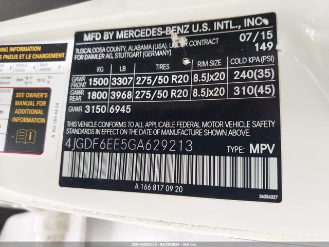 Aukcja sprzedaży 2016 Mercedes-benz Gl 450 4matic, vin: 4JGDF6EE5GA629213, numer aukcji: 45000080