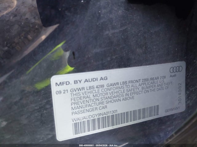 45000081 :رقم المزاد ، WAUAUDGY9NA011301 vin ، 2022 Audi A3 Premium 40 Tfsi Front-wheel Drive S Tronic مزاد بيع