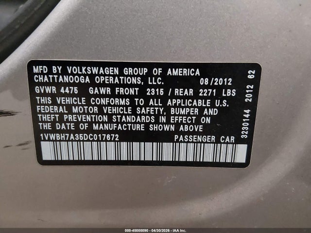 Aukcja sprzedaży 2013 Volkswagen Passat 2.5l Se, vin: 1VWBH7A35DC017672, numer aukcji: 45000090