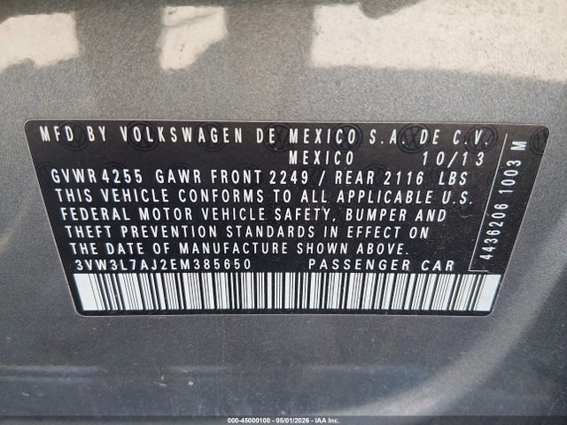 Auction sale of the 2014 Volkswagen Jetta 2.0l Tdi, vin: 3VW3L7AJ2EM385650, lot number: 45000100