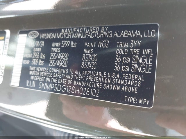 Aukcja sprzedaży 2025 Hyundai Santa Fe Hybrid Calligraphy, vin: 5NMP5DG12SH028102, numer aukcji: 45000105