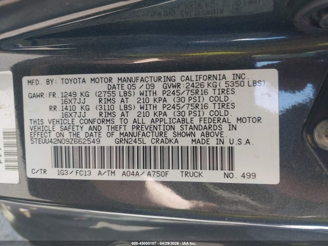 Продаж на аукціоні авто 2009 Toyota Tacoma Base V6, vin: 5TEUU42N09Z662549, номер лоту: 45000107