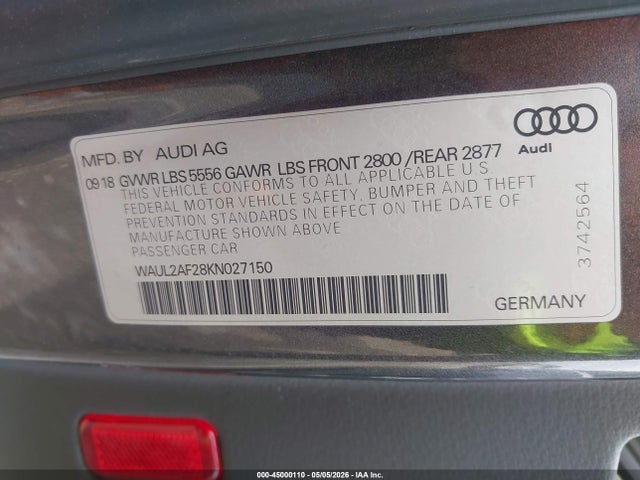 Auction sale of the 2019 Audi A6 55 Premium, vin: WAUL2AF28KN027150, lot number: 45000110