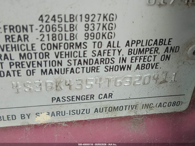 45000116 :رقم المزاد ، 4S3BK4354T6320411 vin ، 1996 Subaru Legacy L مزاد بيع