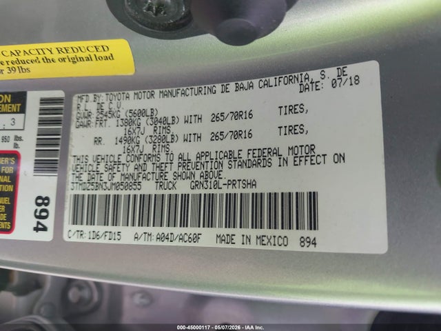 Продажа на аукционе авто 2018 Toyota Tacoma Trd Off Road, vin: 3TMDZ5BN3JM050855, номер лота: 45000117