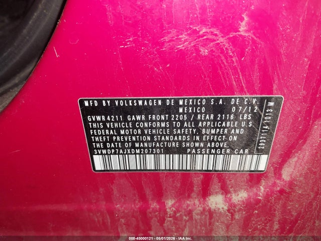 Продаж на аукціоні авто 2013 Volkswagen Jetta 2.5l Se, vin: 3VWDP7AJXDM207301, номер лоту: 45000121
