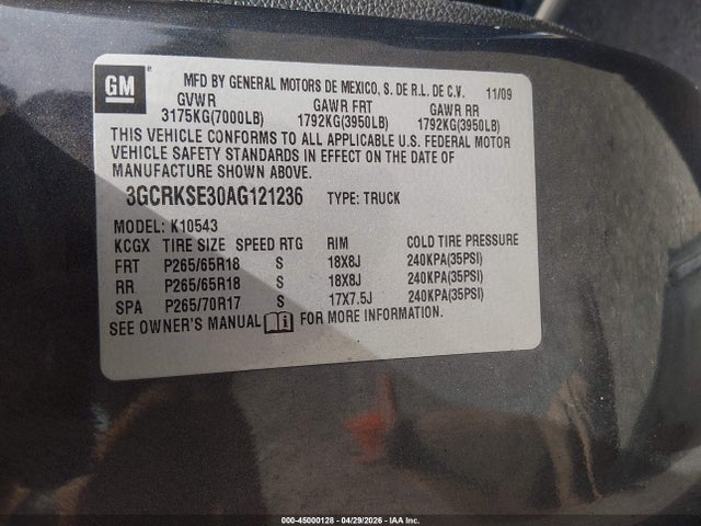Продажа на аукционе авто 2010 Chevrolet Silverado 1500 Lt, vin: 3GCRKSE30AG121236, номер лота: 45000128