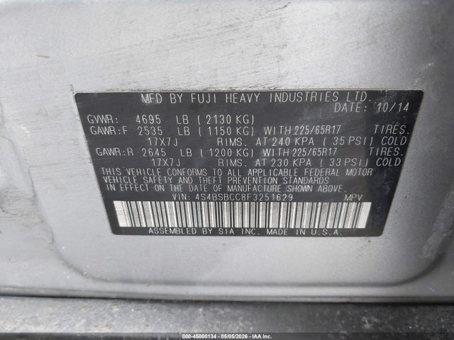 Продаж на аукціоні авто 2015 Subaru Outback 2.5i Premium, vin: 4S4BSBCC8F3251629, номер лоту: 45000134