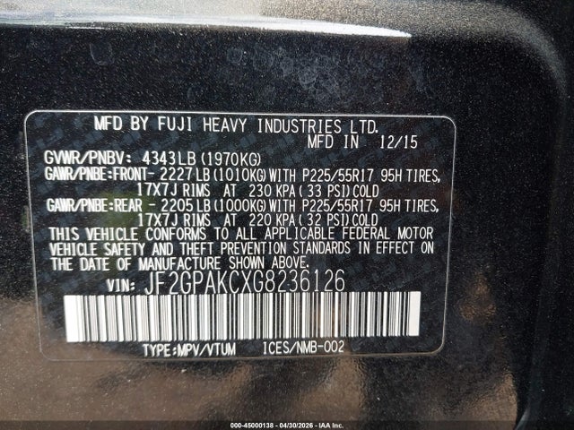 Aukcja sprzedaży 2016 Subaru Crosstrek 2.0i Limited, vin: JF2GPAKCXG8236126, numer aukcji: 45000138