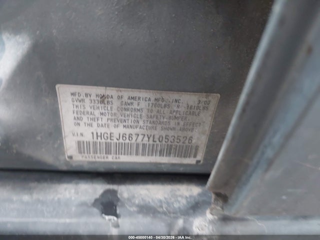 45000140 :رقم المزاد ، 1HGEJ6677YL053526 vin ، 2000 Honda Civic Lx مزاد بيع