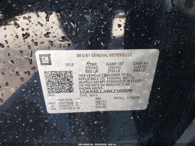 45000148 :رقم المزاد ، 1GKKNLLA6KZ166980 vin ، 2019 Gmc Acadia Sle-2 مزاد بيع