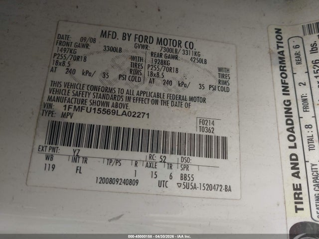 Продаж на аукціоні авто 2009 Ford Expedition Xlt, vin: 1FMFU15569LA02271, номер лоту: 45000158