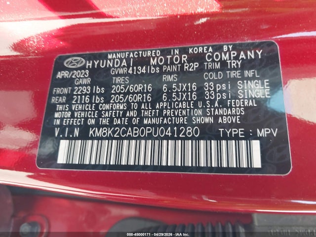 2023 Hyundai Kona Se მანქანა იყიდება აუქციონზე, vin: KM8K2CAB0PU041280, აუქციონის ნომერი: 45000171