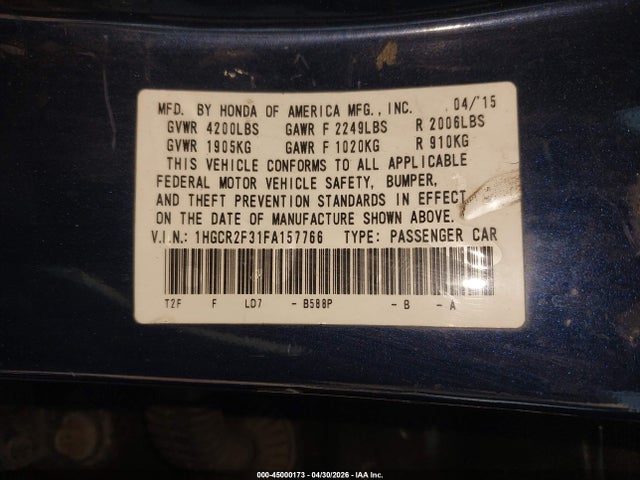 2015 Honda Accord Lx მანქანა იყიდება აუქციონზე, vin: 1HGCR2F31FA157766, აუქციონის ნომერი: 45000173