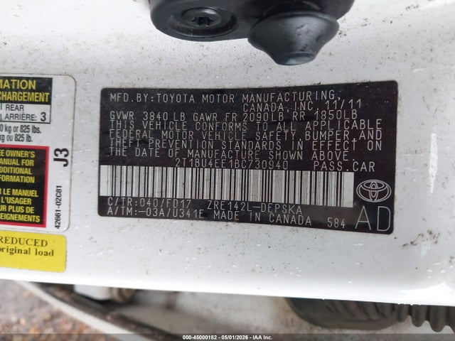 45000182 :رقم المزاد ، 2T1BU4EE1BC730940 vin ، 2011 Toyota Corolla S مزاد بيع