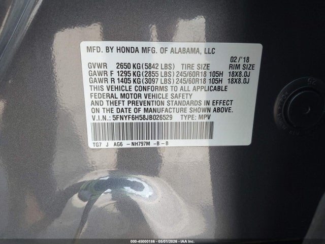 5FNYF6H58JB026529 Honda Pilot Ex-l
