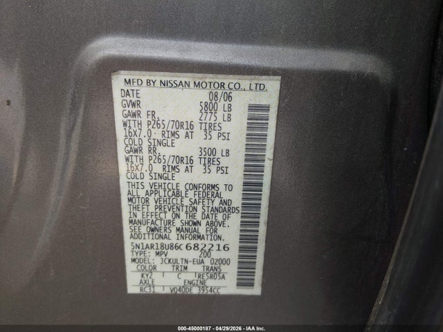 45000187 :رقم المزاد ، 5N1AR18U86C682216 vin ، 2006 Nissan Pathfinder Se مزاد بيع