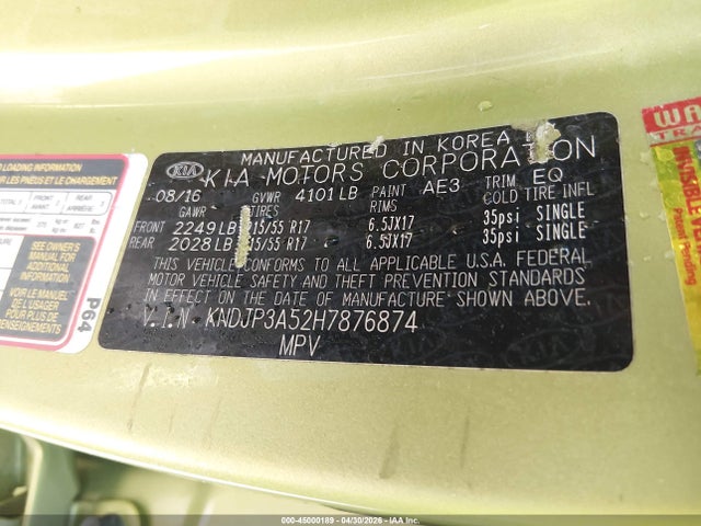 Auction sale of the 2017 Kia Soul +, vin: KNDJP3A52H7876874, lot number: 45000189