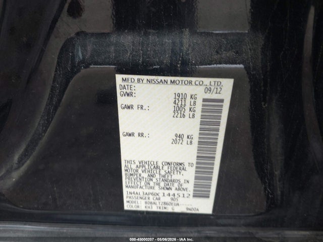 2013 Nissan Altima 2.5 Sv მანქანა იყიდება აუქციონზე, vin: 1N4AL3AP6DC144512, აუქციონის ნომერი: 45000207