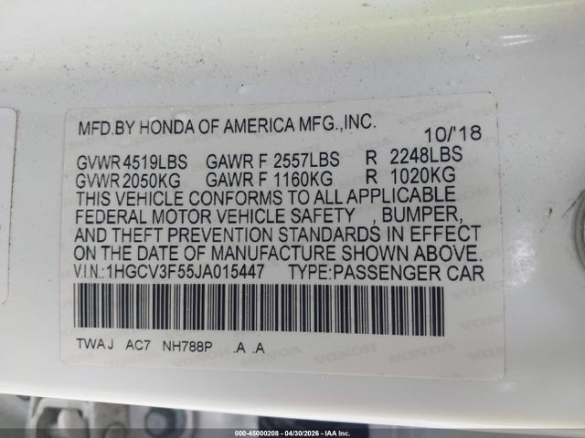 Продажа на аукционе авто 2018 Honda Accord Hybrid Ex-l, vin: 1HGCV3F55JA015447, номер лота: 45000208
