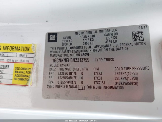 45000209 :رقم المزاد ، 1GCNKNEH3HZ213799 vin ، 2017 Chevrolet Silverado 1500 Wt مزاد بيع