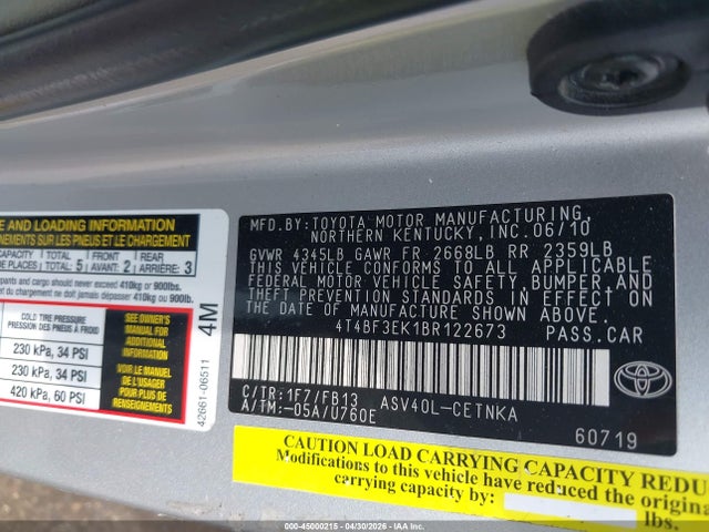 2011 Toyota Camry მანქანა იყიდება აუქციონზე, vin: 4T4BF3EK1BR122673, აუქციონის ნომერი: 45000215