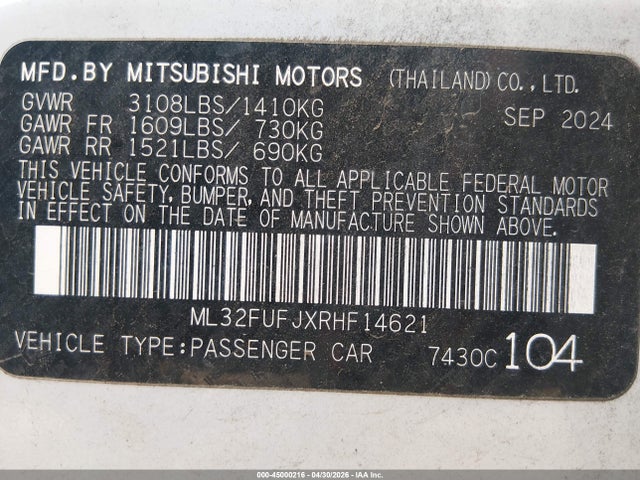 Aukcja sprzedaży 2024 Mitsubishi Mirage G4 Le, vin: ML32FUFJXRHF14621, numer aukcji: 45000216