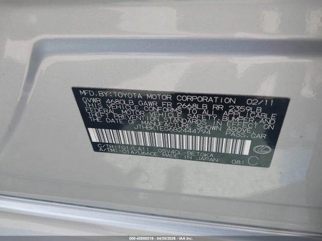 Aukcja sprzedaży 2011 Lexus Es 350, vin: JTHBK1EG6B2444794, numer aukcji: 45000219