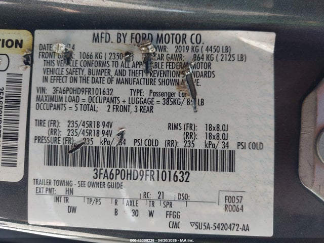 Ford FUSION SE 2015 3FA6P0HD9FR101632 Image 9