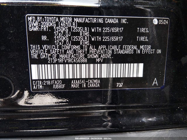 Aukcja sprzedaży 2024 Toyota Rav4 Xle, vin: 2T3P1RFV1RC456988, numer aukcji: 45000229