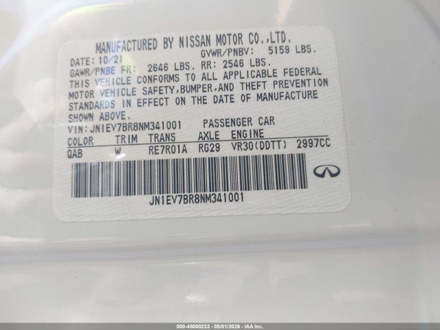 Aukcja sprzedaży 2022 Infiniti Q50 Luxe Awd, vin: JN1EV7BR8NM341001, numer aukcji: 45000233