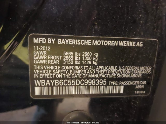 2013 Bmw 750i Xdrive მანქანა იყიდება აუქციონზე, vin: WBAYB6C55DC998395, აუქციონის ნომერი: 45000235