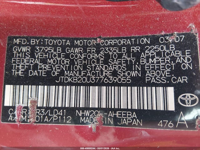 45000244 :رقم المزاد ، JTDKB20U377639055 vin ، 2007 Toyota Prius مزاد بيع