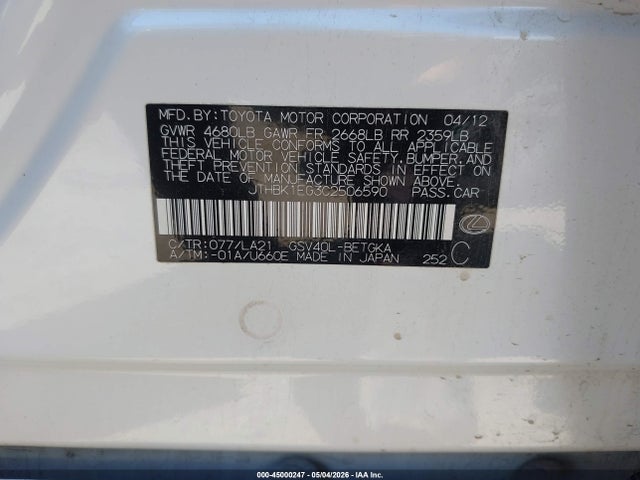 Aukcja sprzedaży 2012 Lexus Es 350, vin: JTHBK1EG3C2506590, numer aukcji: 45000247
