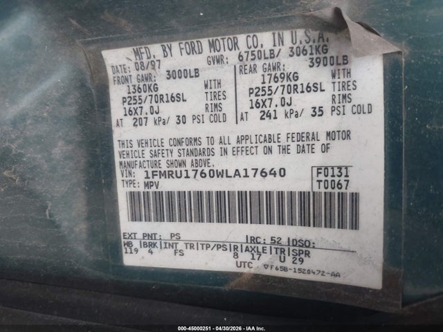 45000251 :رقم المزاد ، 1FMRU1760WLA17640 vin ، 1998 Ford Expedition Eddie Bauer/xlt مزاد بيع