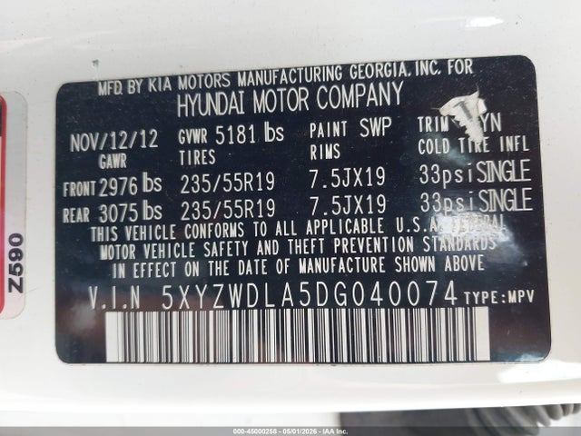 2013 Hyundai Santa Fe Sport 2.0t მანქანა იყიდება აუქციონზე, vin: 5XYZWDLA5DG040074, აუქციონის ნომერი: 45000258