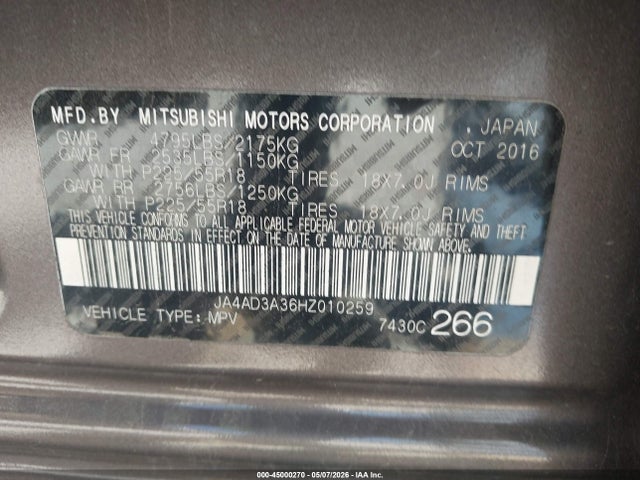 Продаж на аукціоні авто 2017 Mitsubishi Outlander Se/sel, vin: JA4AD3A36HZ010259, номер лоту: 45000270