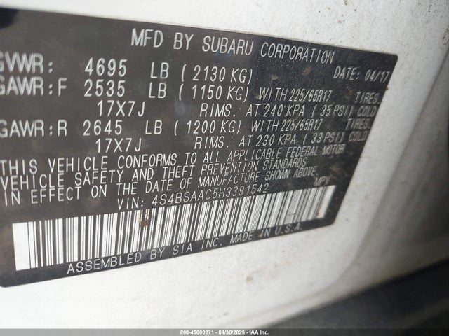 Aukcja sprzedaży 2017 Subaru Outback 2.5i, vin: 4S4BSAAC5H3391542, numer aukcji: 45000271