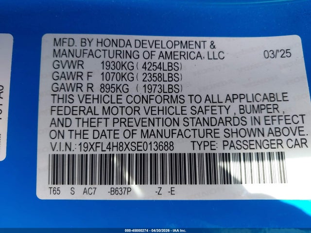 2025 Honda Civic Hybrid Sport მანქანა იყიდება აუქციონზე, vin: 19XFL4H8XSE013688, აუქციონის ნომერი: 45000274