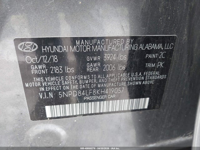 Aukcja sprzedaży 2019 Hyundai Elantra Sel, vin: 5NPD84LF8KH419057, numer aukcji: 45000276