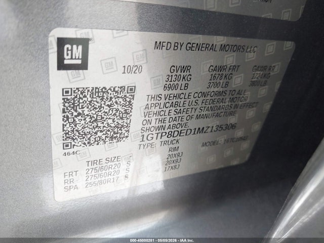 Продаж на аукціоні авто 2021 Gmc Sierra 1500 2wd  Short Box Slt, vin: 1GTP8DED1MZ135306, номер лоту: 45000281