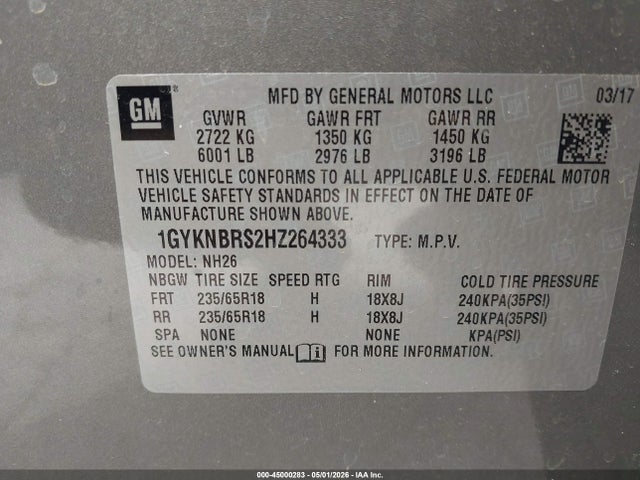 Aukcja sprzedaży 2017 Cadillac Xt5 Luxury, vin: 1GYKNBRS2HZ264333, numer aukcji: 45000283
