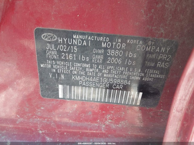 KMHDH4AE1GU598884 Hyundai ELANTRA SE