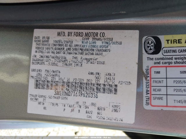 Aukcja sprzedaży 2009 Mercury Milan V6, vin: 3MEHM07169R620336, numer aukcji: 45000297