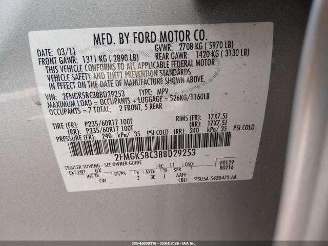 Продаж на аукціоні авто 2011 Ford Flex Se, vin: 2FMGK5BC3BBD29253, номер лоту: 45000316