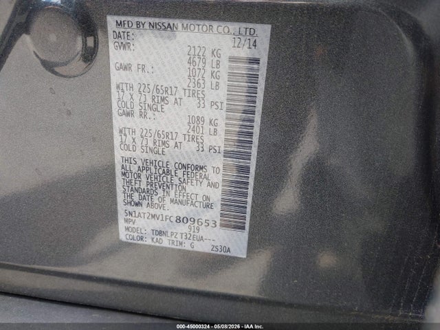 2015 Nissan Rogue S მანქანა იყიდება აუქციონზე, vin: 5N1AT2MV1FC809653, აუქციონის ნომერი: 45000324