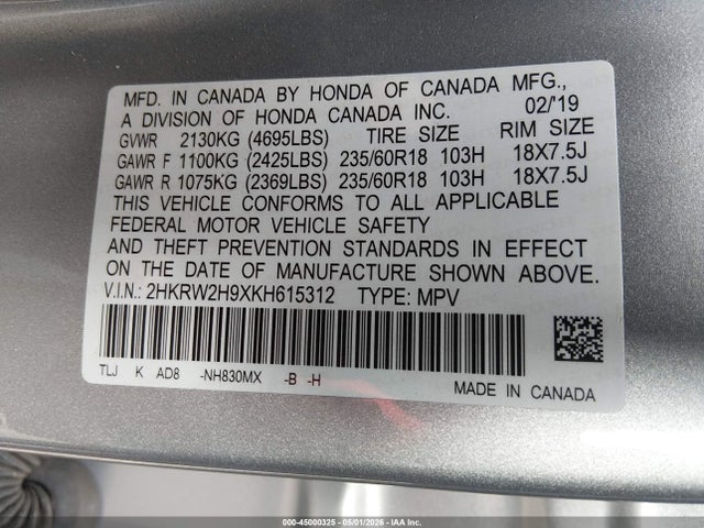 Aukcja sprzedaży 2019 Honda Cr-v Touring, vin: 2HKRW2H9XKH615312, numer aukcji: 45000325